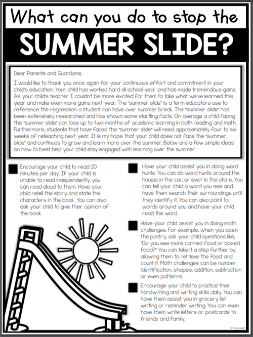 Summer slide document for parents